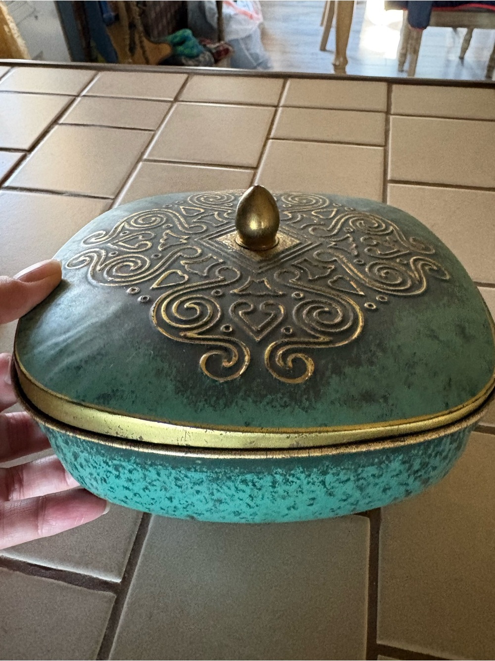 Vintage Ornate Metal Trinket Box – Turquoise & Gold Boho Decorative Tin